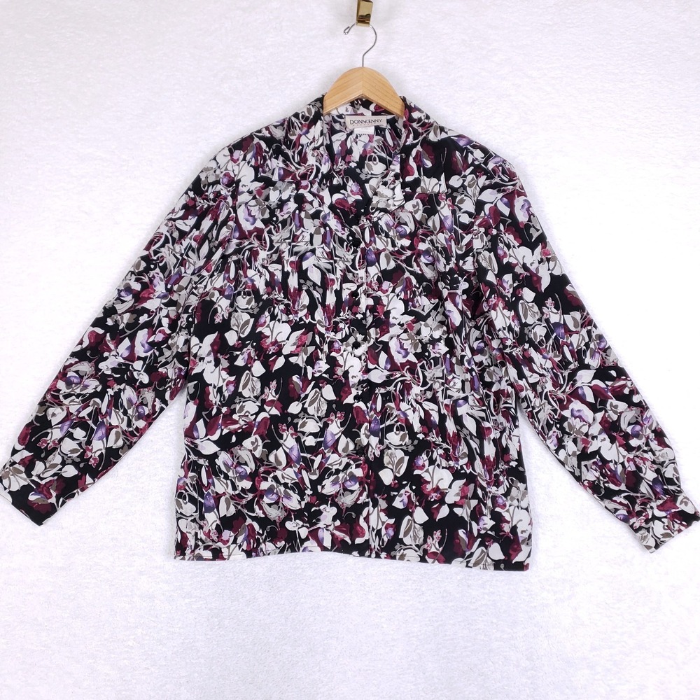 Donnkenny Classics Floral Long Sleeve Blouse Black Multicolor Sz S Dark Academia